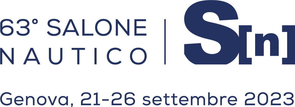 Logo con date 63° Salone Nautico Internazionale blu e bianco orizzontale