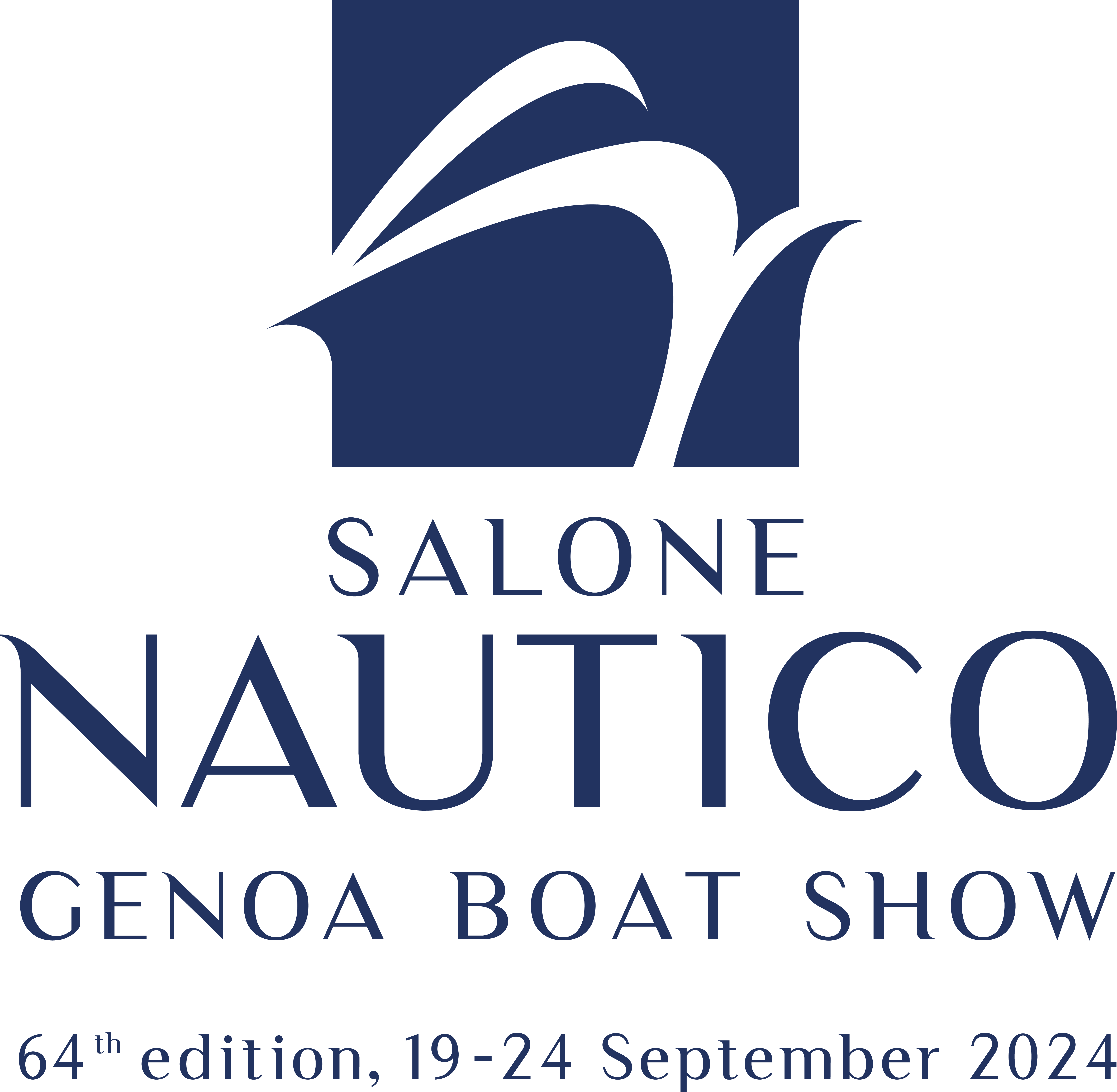 Logo con date 64° Salone Nautico Internazionale blu e bianco verticale