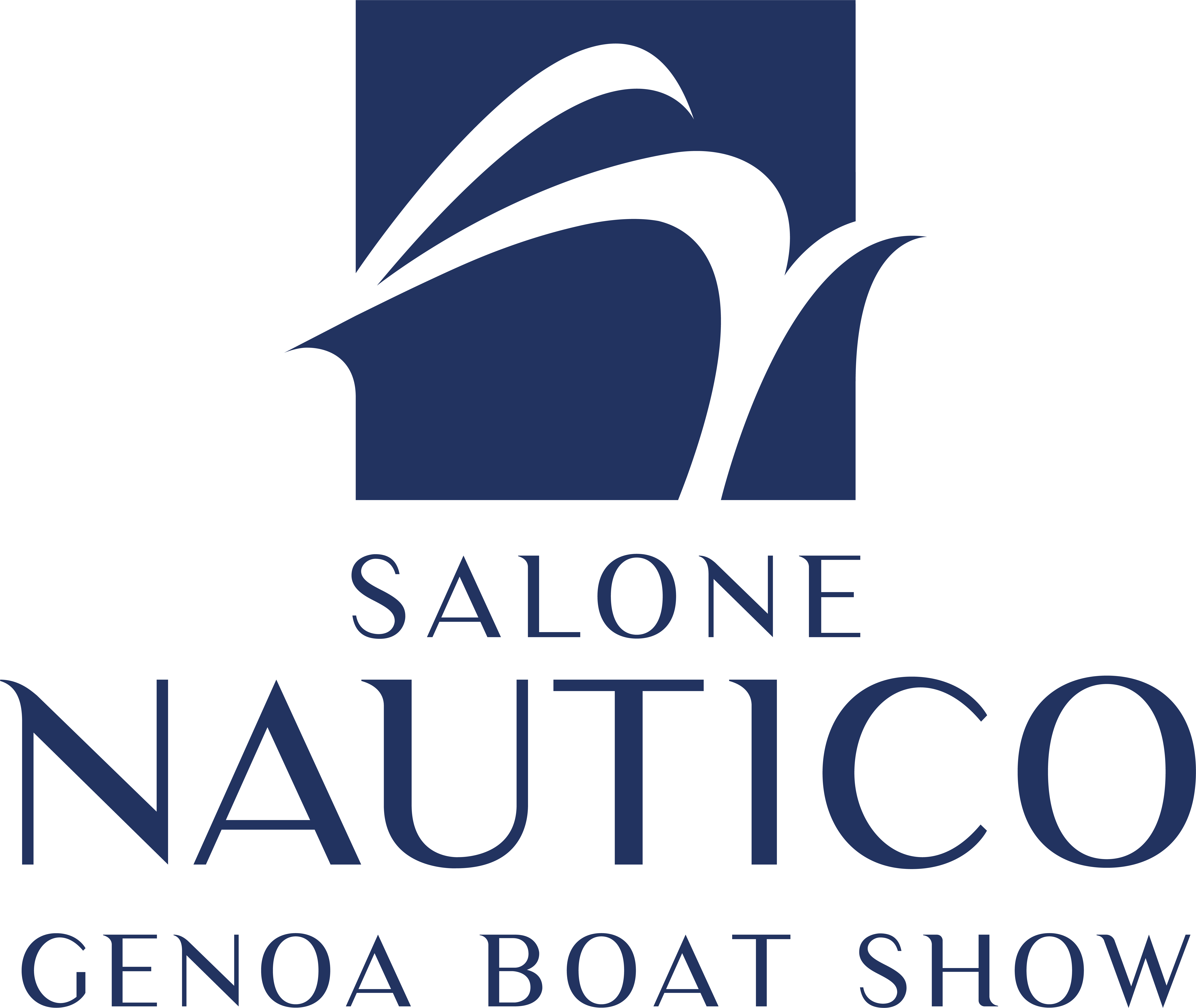 Logo 64° Salone Nautico Internazionale blu e bianco verticale